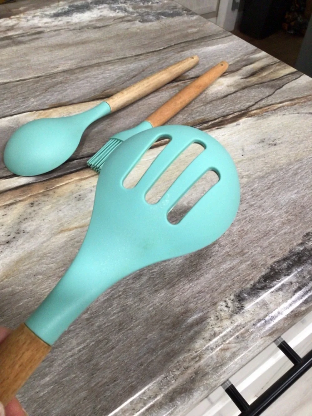 MIBOTE 3pc Silicone Kitchen Utensil Set Teal Wood Handle Spoon Brush BPA Free.